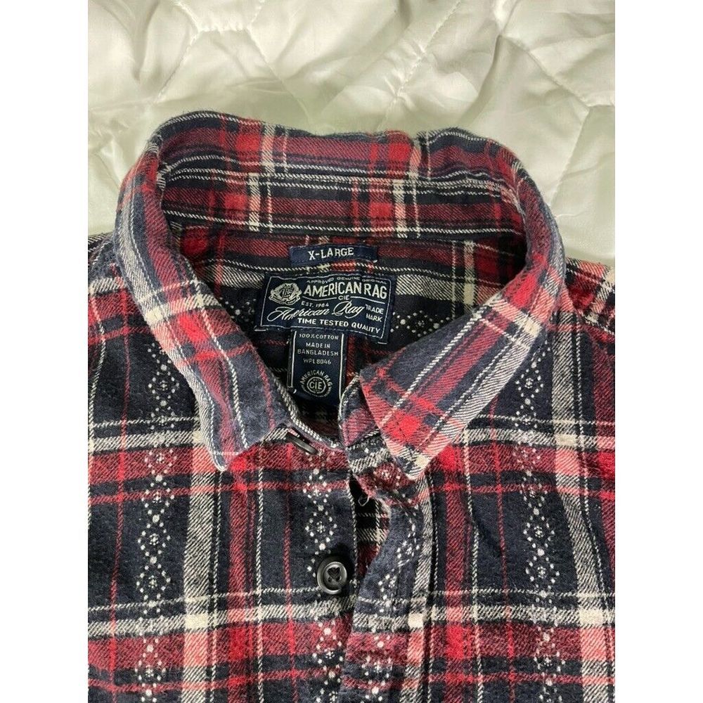 AMERICAN RAG MENS PLAID‎ RED BLACK BUTTON FRONT SHIRT XL EMBROIDERY DETAILS